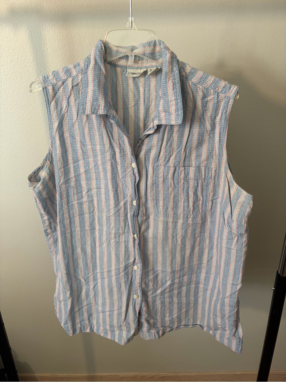 Vintage Cabin Creek Fisherman Americana Sleeveless Button-Up Blue & Red Stripes